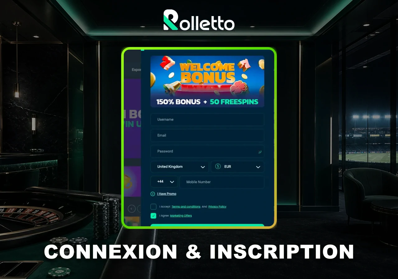 Formulaire de création de compte Rolletto Casino