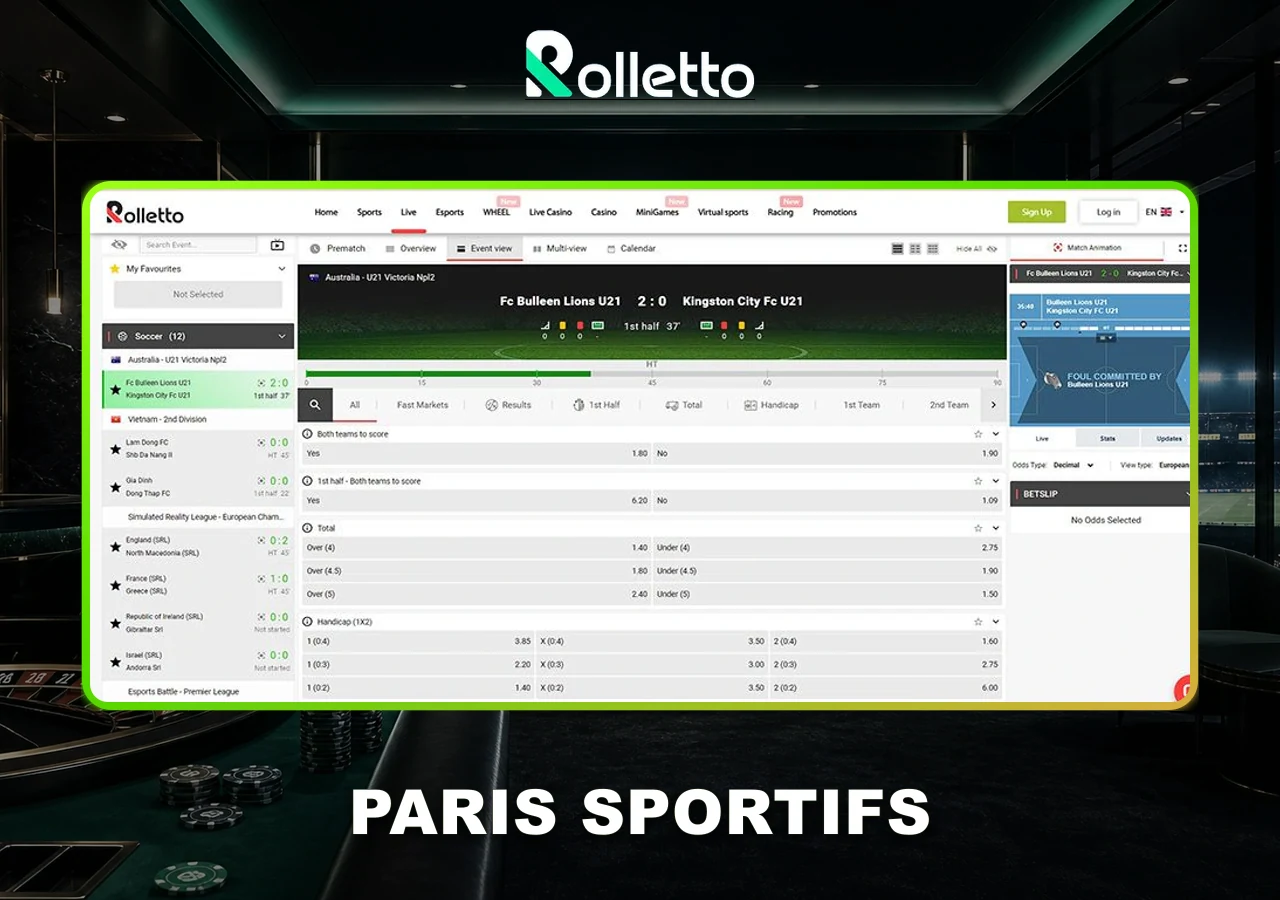 Interface du bookmaker Rolletto avec événements et cotes