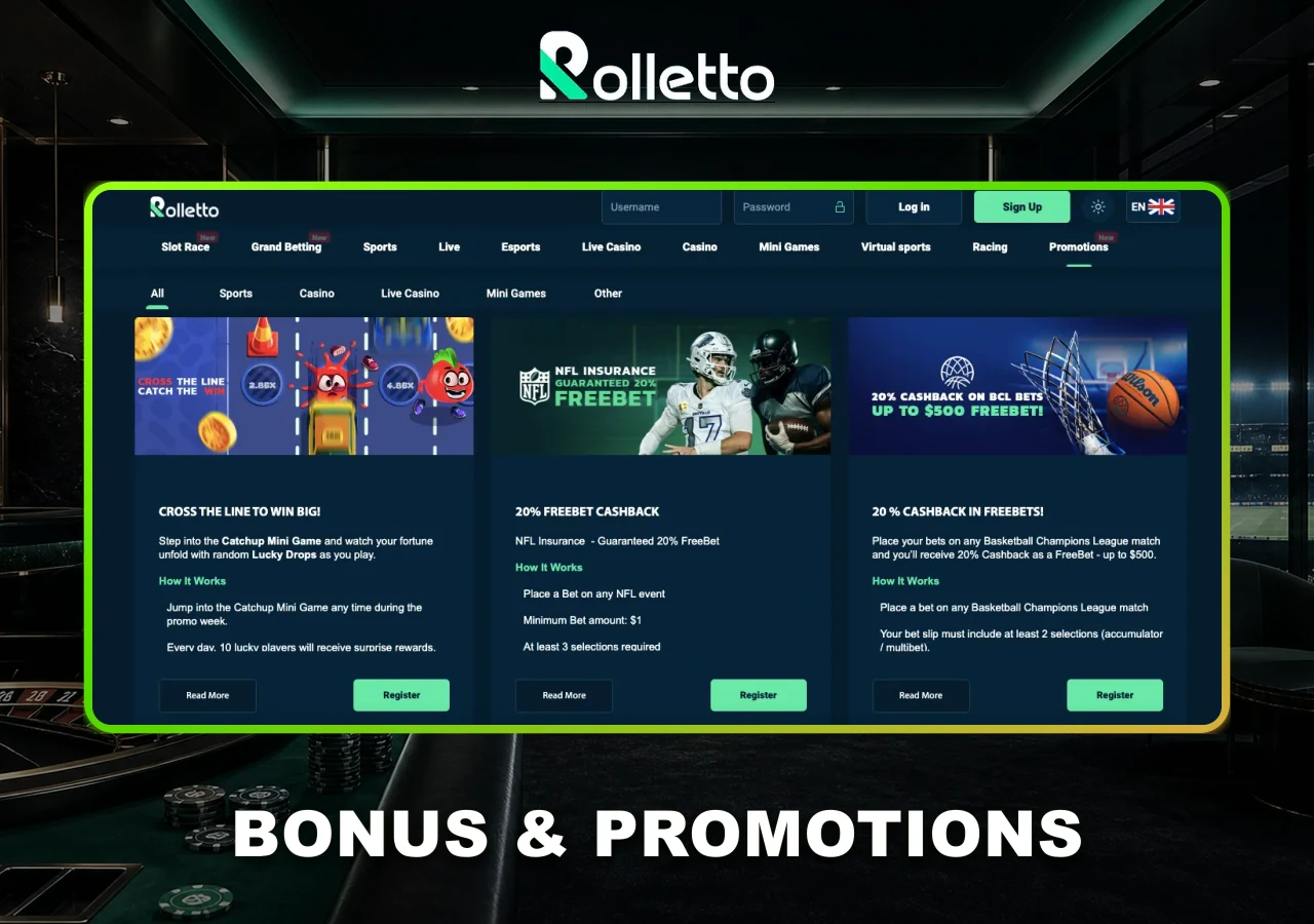 Promotions casino et paris sportifs proposées dans Rolletto