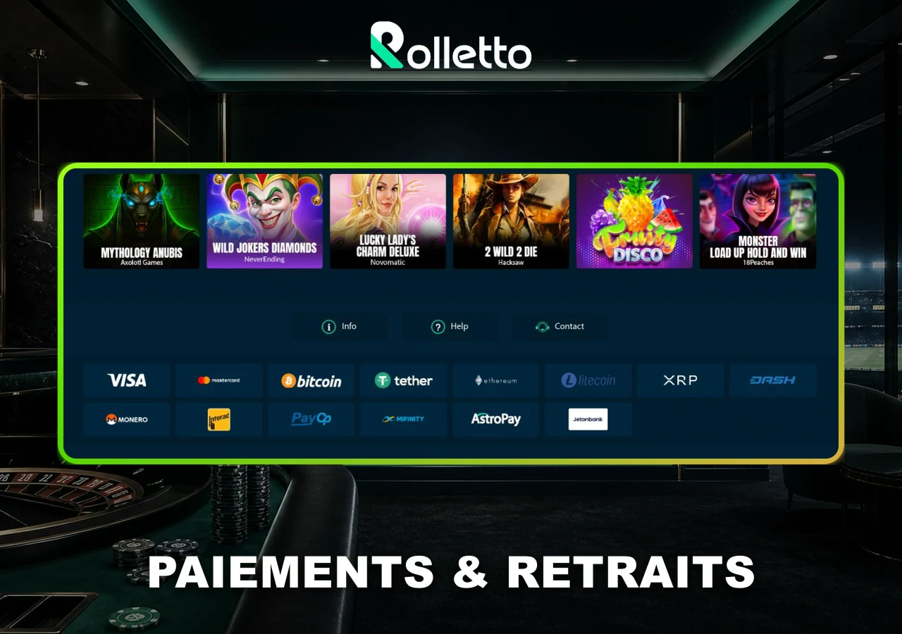 Méthodes de dépôt et de retrait affichées par Rolletto Casino